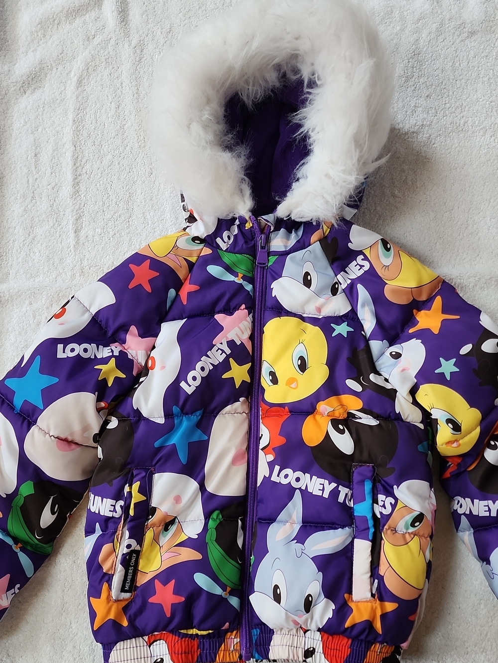 Looney Toons For Members Only Purple Hooded Puffer Jacket Size 7/8 Preowned